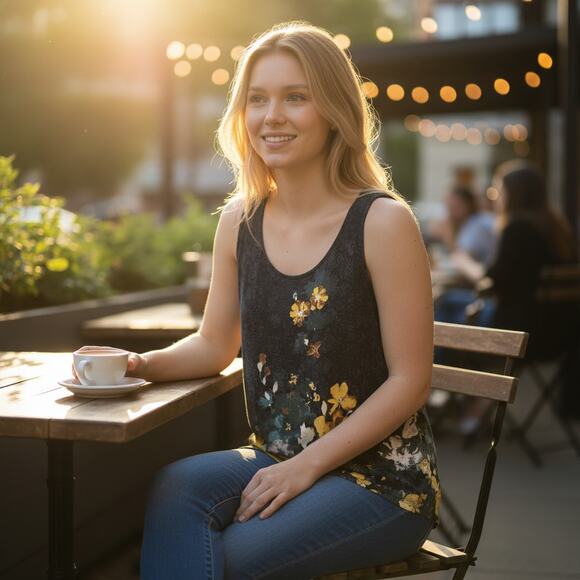 Chicos Knit Tank Size 3 (Womens XL) Navy Yellow Snakeskin Floral Sleeveless Top - Picture 5 of 10